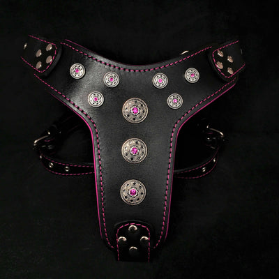 BIJOU LEATHER DOG HARNESS BLACK AND PINK - GENUINE LEATHER - TOP QUALITY - HANDCRAFTED