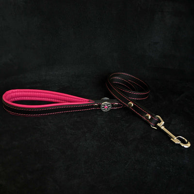 BIJOU LEATHER DOG LEASH LEAD BLACK AND PINK - GENUINE LEATHER - HANDCRAFTED -