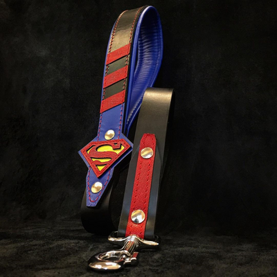 Superman Leather Leash and matching products at adirondackpets.myshopify.com or adirondackpets.com