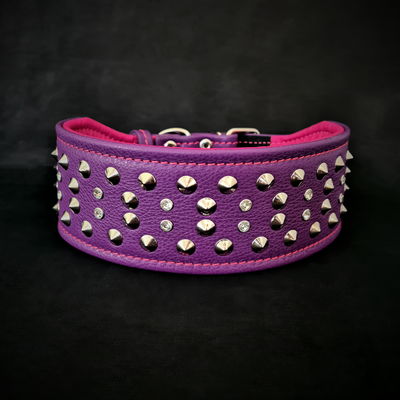 CRYSTAL 2.8" WIDE SOFT GENUINE LEATHER COLLAR COMES IN PURPLE AND BLACK - TOP QUALITY - HANDCRAFTED