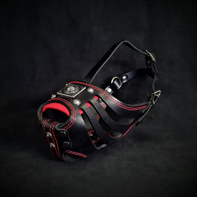EROS LEATHER BASKET MUZZLE BLACK AND RED - TOP QUALITY - HANDCRAFTED - GENUINE LEATHER