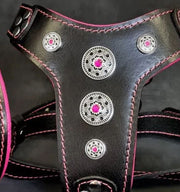 BIJOU LEATHER DOG HARNESS BLACK AND PINK - GENUINE LEATHER - TOP QUALITY - HANDCRAFTED