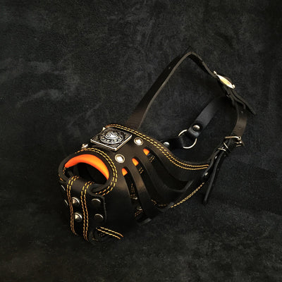 EROS LEATHER BASKET MUZZLE BLACK AND ORANGE - TOP QUALITY - HANDCRAFTED - GENUINE LEATHER