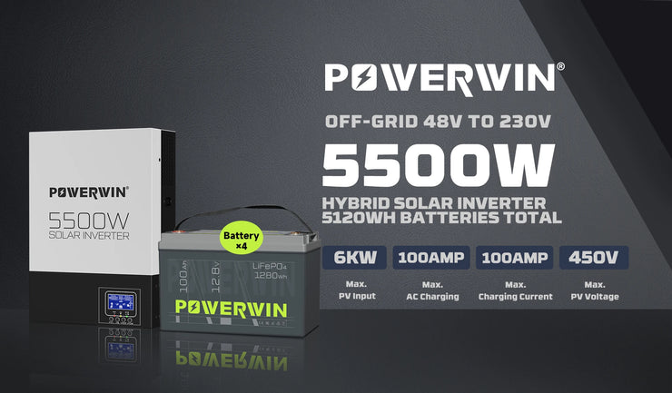 POWERWIN BT100 12V 100Ah/1280Wh LifePO4 HI5500 Hybrid Solar Inverter 5500W 48V Pure Sine Wave 100A MPPT Off-grid LCD 48V Battery