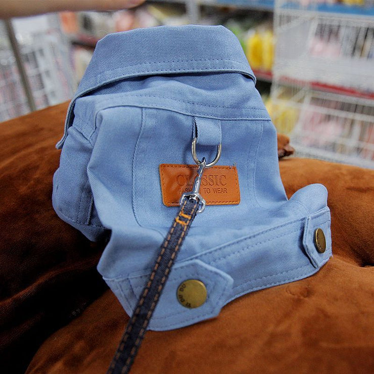 Spring Summer Denim Dog Coat Jacket with D Leash Ring for Small to Medium Dogs and Puppies Sizes Small to XXL