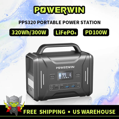 POWERWIN 320Wh Portable Power Station PPS320 Solar Generator 300W LiFePO4 Battery PD100W Fast Charge Gas Boiler, Camping, Medical Inverter