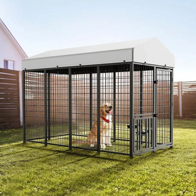 Large Dog Outdoor Kennel Pet Pens Dogs Run Enclosure  Metal Fence with Roof Cover (8'L x 4'W x 5.6'H)