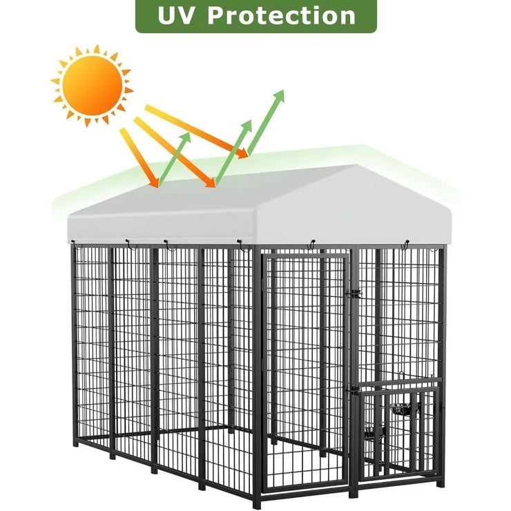 Large Dog Outdoor Kennel Pet Pens Dogs Run Enclosure  Metal Fence with Roof Cover (8'L x 4'W x 5.6'H)