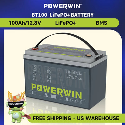 POWERWIN BT100 LiFePO4 Battery 12.8V 100Ah 1280Wh Built-in BMS Fish Radar Detector Solar Power 4000+Deep Cycle Off-grid Inverter - Free USA Shipment
