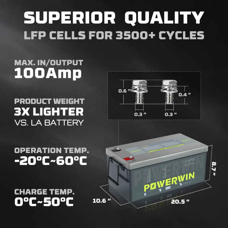 POWERWIN BT5120 LiFePO4 battery Built-in BMS Deep Cycles Solar rechargeable Durable eBike motorcycle Scooter 51.2V 100Ah 5120Wh - Free USA Shipment