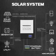 POWERWIN BT100 12V 100Ah/1280Wh LifePO4 HI5500 Hybrid Solar Inverter 5500W 48V Pure Sine Wave 100A MPPT Off-grid LCD 48V Battery