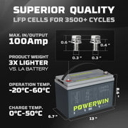 POWERWIN BT100 LiFePO4 Battery 12.8V 100Ah 1280Wh Built-in BMS Fish Radar Detector Solar Power 4000+Deep Cycle Off-grid Inverter - Free USA Shipment