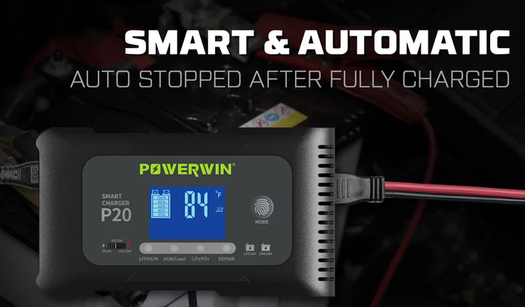 POWERWIN BT100 LifePO4 12V 100Ah/1280Wh P20 20A, 12V20A, 24V10A Smart Charger Automatic LCD AGM Lead-Acid Lithium Pulse Repair Temperature Protection for RV Camping Cabin Marine and Off-Grid System