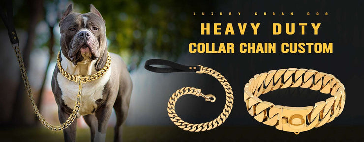Beautiful 18K Plated Golden Dogs Leash with Collar Suit Cuban Link Chain Stainless Steel and a optional Dog Safety Leash with PU Leather Handle for Dog Lead