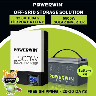 POWERWIN BT100 12V 100Ah/1280Wh LifePO4 HI5500 Hybrid Solar Inverter 5500W 48V Pure Sine Wave 100A MPPT Off-grid LCD 48V Battery