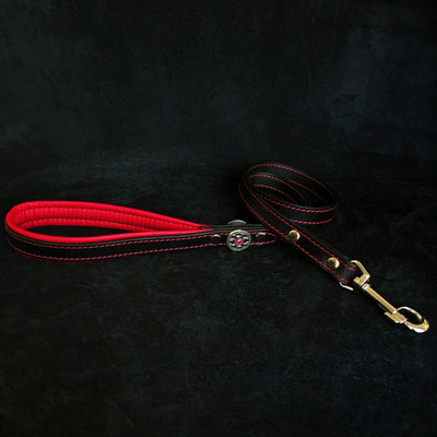BIJOU LEATHER DOG LEASH LEAD BLACK AND RED - GENUINE LEATHER - HANDCRAFTED -