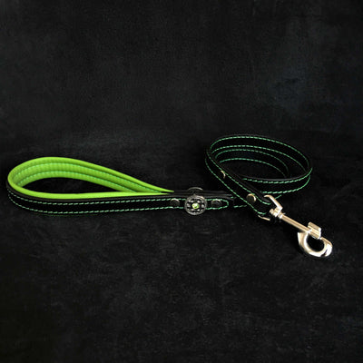 BIJOU LEATHER DOG LEASH LEAD BLACK AND GREEN - GENUINE LEATHER - HANDCRAFTED -