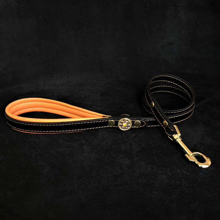 BIJOU LEATHER DOG LEASH LEAD BLACK AND ORANGE - GENUINE LEATHER - HANDCRAFTED -