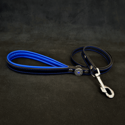 BIJOU LEATHER DOG LEASH LEAD BLACK AND BLUE - GENUINE LEATHER - HANDCRAFTED -
