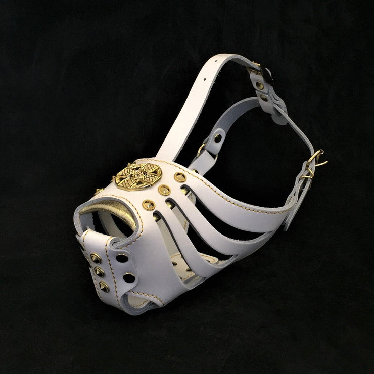 MAXIMUS DOG BASKET MUZZLE WHITE AND GOLD - TOP QUALITY - GENUINE LEATHER