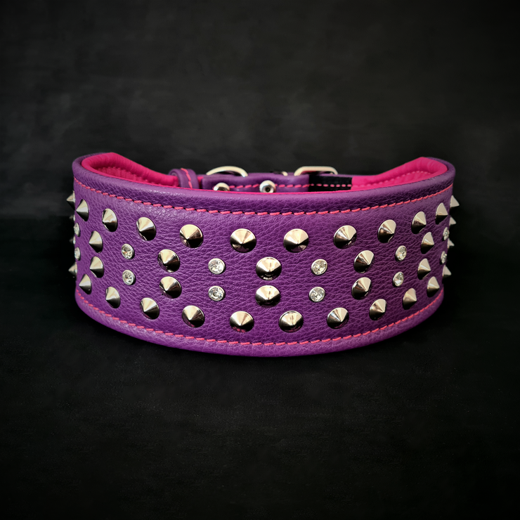 CRYSTAL 2.8" WIDE SOFT GENUINE LEATHER COLLAR COMES IN PURPLE AND BLACK - TOP QUALITY - HANDCRAFTED