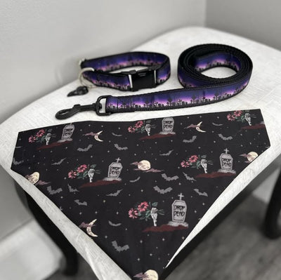 Halloween Purple Dog Collar and Leash Set - Matching Collar, Leash, and Bandana - Halloween Dog Collar and Leash Dog Collar Set