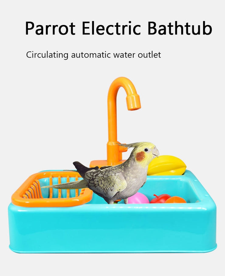 FUN BIRD BATH AND SHOWER BATHTUB SWIMMING POOL for Sun Conure, Calopsita, Parakeet. Cockatiel and other birds has Bath Basin Faucet and Battery Operated and be Set in Cages