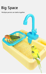 FUN BIRD BATH AND SHOWER BATHTUB SWIMMING POOL for Sun Conure, Calopsita, Parakeet. Cockatiel and other birds has Bath Basin Faucet and Battery Operated and be Set in Cages