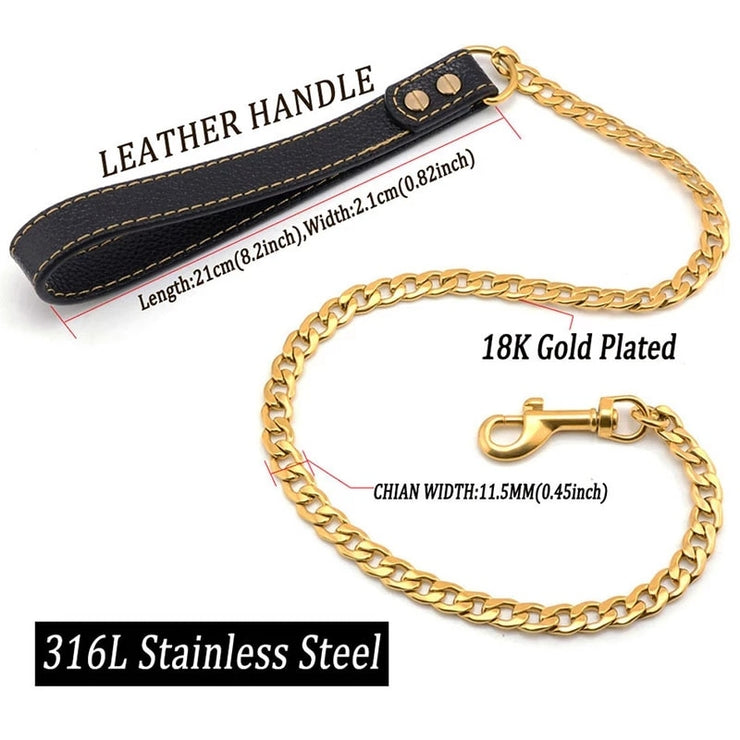 Beautiful 18K Plated Golden Dogs Leash with Collar Suit Cuban Link Chain Stainless Steel and a optional Dog Safety Leash with PU Leather Handle for Dog Lead