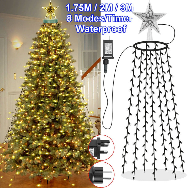 LED Christmas Tree Waterfall Lights with Star Topper Memory Twinkle Garden Holiday Lighting Christmas Decorations 8 Modes Timer