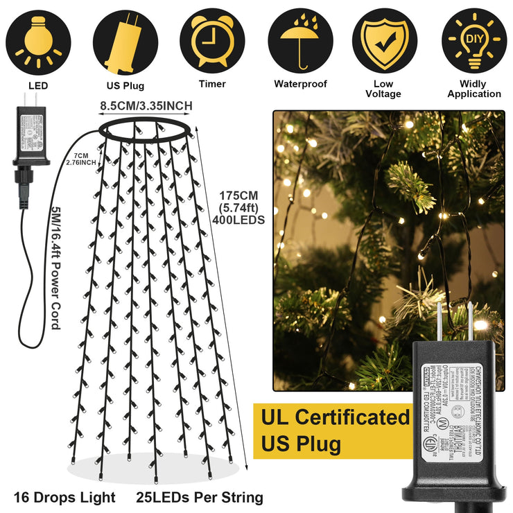 Memory 490LED Christmas Tree Waterfall Lights with Star Topper 8 Modes Timer  Outdoor Twinkle Fairy String Light Xmas Party Decor