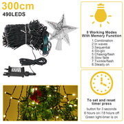 LED Christmas Tree Waterfall Lights with Star Topper Memory Twinkle Garden Holiday Lighting Christmas Decorations 8 Modes Timer