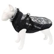 Winter Jacket for Large Dogs Fur Collar Waterproof Reflective Coat with Harness and Zipper Closure