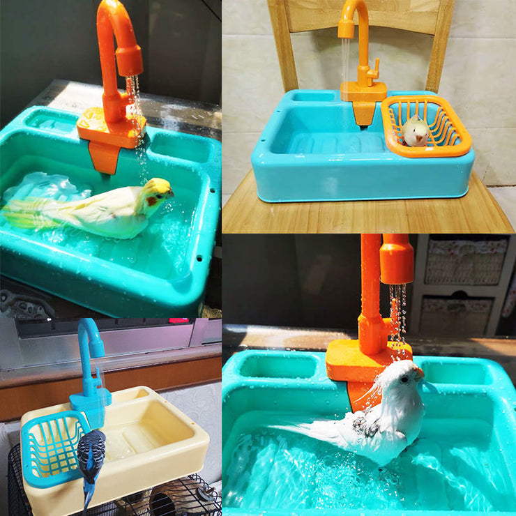 FUN BIRD BATH AND SHOWER BATHTUB SWIMMING POOL for Sun Conure, Calopsita, Parakeet. Cockatiel and other birds has Bath Basin Faucet and Battery Operated and be Set in Cages