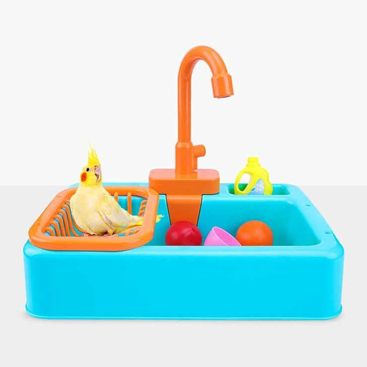 FUN BIRD BATH AND SHOWER BATHTUB SWIMMING POOL for Sun Conure, Calopsita, Parakeet. Cockatiel and other birds has Bath Basin Faucet and Battery Operated and be Set in Cages