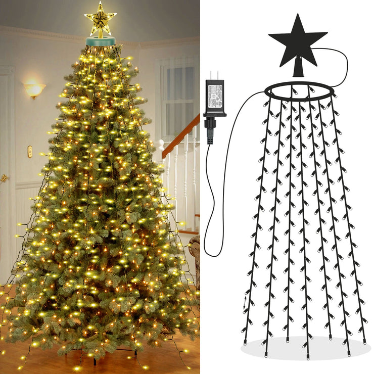 LED Christmas Tree Waterfall Lights with Star Topper Memory Twinkle Garden Holiday Lighting Christmas Decorations 8 Modes Timer