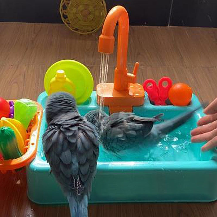 FUN BIRD BATH AND SHOWER BATHTUB SWIMMING POOL for Sun Conure, Calopsita, Parakeet. Cockatiel and other birds has Bath Basin Faucet and Battery Operated and be Set in Cages