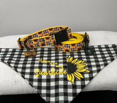 Sunflower Dog Collar and Leash Set - Matching Collar, Leash, and Bandana - Gingham Dog Collar and Leash Dog Collar Set