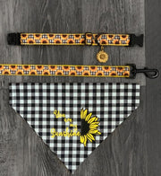 Sunflower Dog Collar and Leash Set - Matching Collar, Leash, and Bandana - Gingham Dog Collar and Leash Dog Collar Set