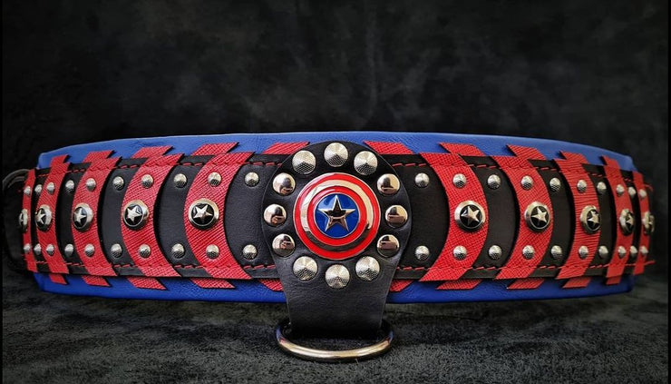 CAPTAIN AMERICA DOG COLLAR -  TOP QUALITY HANDCRAFTED - GENUINE LEATHER