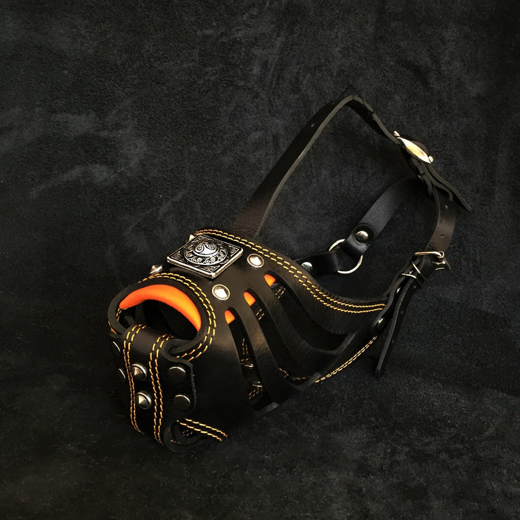 EROS LEATHER BASKET MUZZLE BLACK AND ORANGE - TOP QUALITY - HANDCRAFTED - GENUINE LEATHER